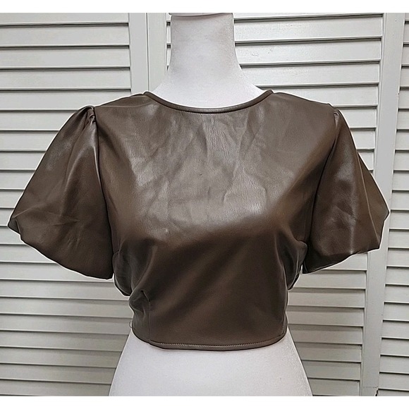 KIRIOUS Los Angeles SZ M Open Back Criss-Cross Cropped Brown Faux Leather Top - Picture 1 of 8